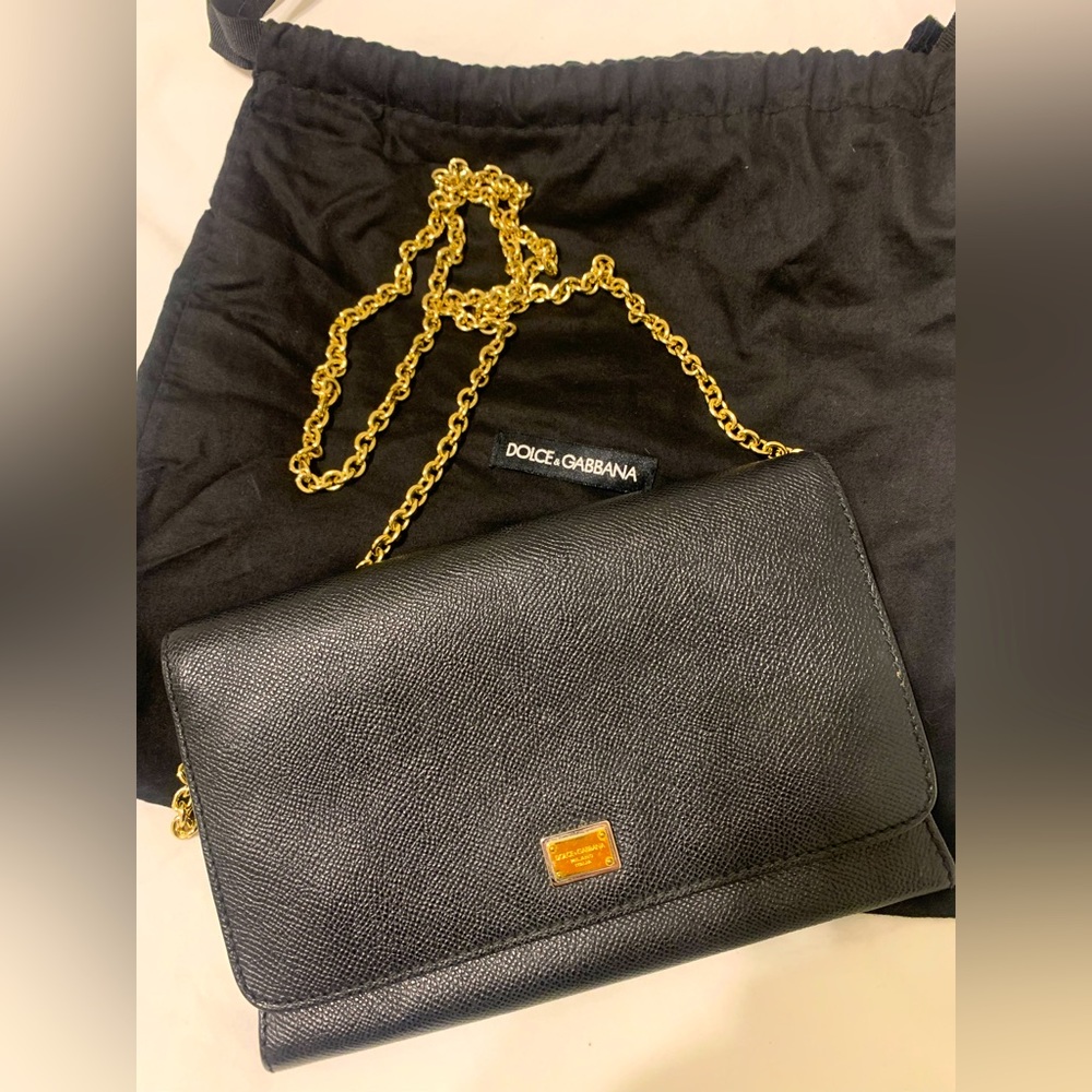 Dolce & Gabbana black leather clutch/cross body bag with gold chain strap